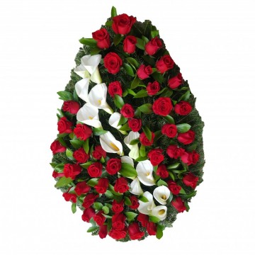 Poza Coroana funerara din trandafiri rosii si cale albe
