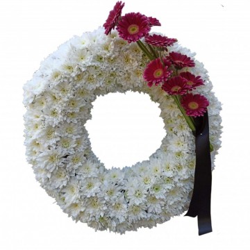 Poza Coroana funerara rotunda din crizanteme albe si gerbera rosu purpuriu