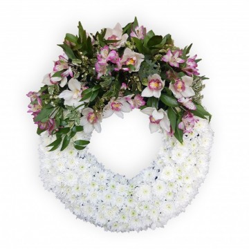 Poza Coroana rotunda din crizanteme albe si orhidee