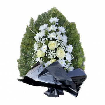 Poza Jerba funerara crizanteme si trandafiri albi