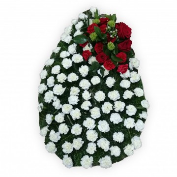 Poza Coroana funerara din garoafe albe si trandafiri rosii