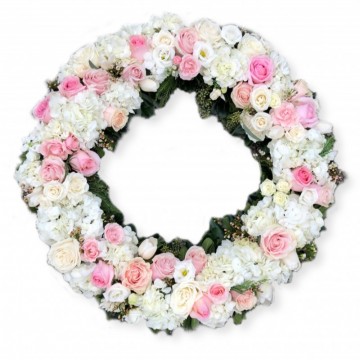 Poza Coroana funerara rotunda din trandafiri roz si hortensii albe