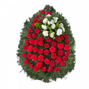 Poza Coroana funerara garoafe rosii si trandafiri albi