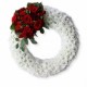 Coroana funerara rotunda din crizanteme albe, garoafe si trandafiri rosii