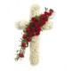 Cruce funerara din crizanteme albe si trandafiri rosii