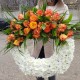 Coroana funerara rotunda din crizanteme si mix de flori portocalii 2